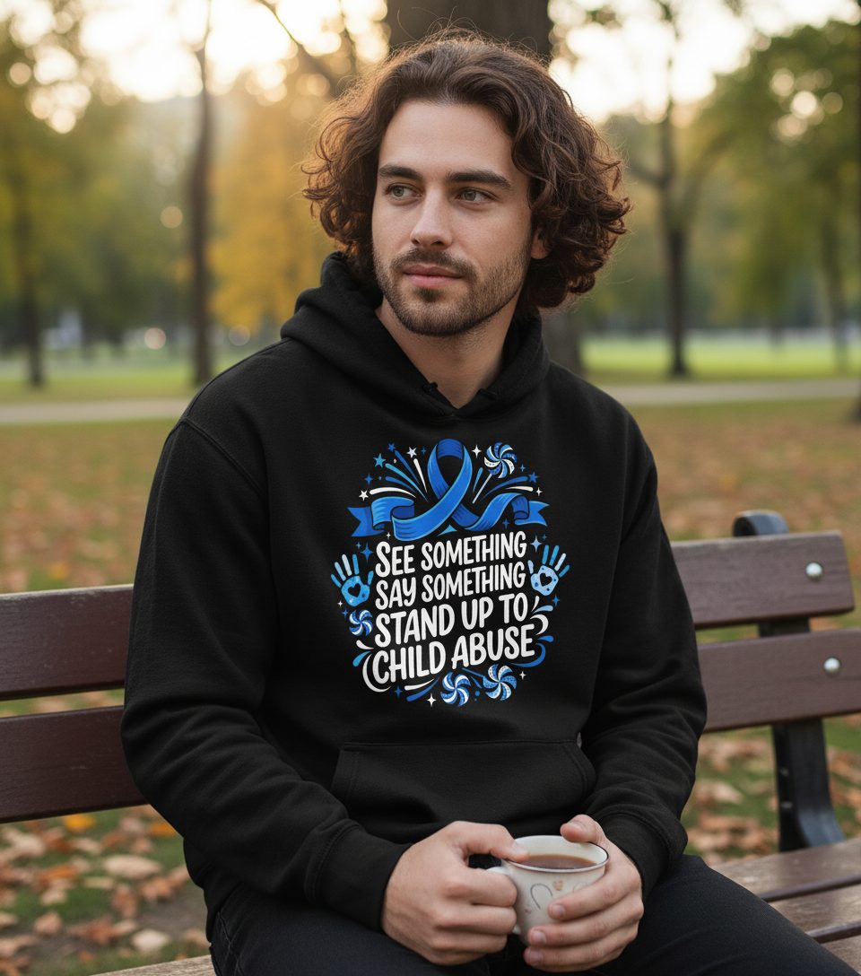 See Something Say Something Stand Up to Child Abuse Prevention Hoodie - lifestyle model mockup - Black
