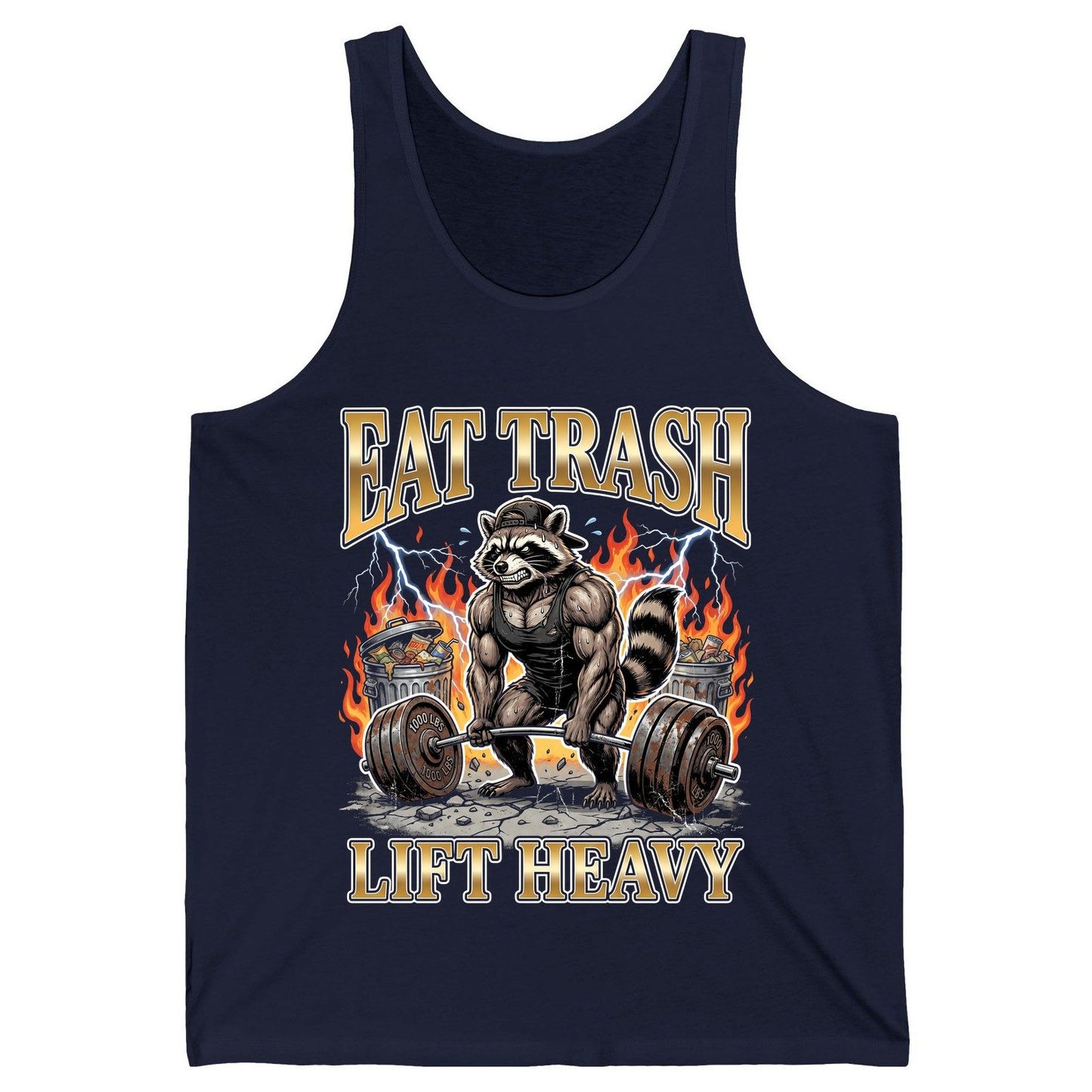 Eat Trash Lift Heavy weightlifting raccoon Tank Top Navy product mockup