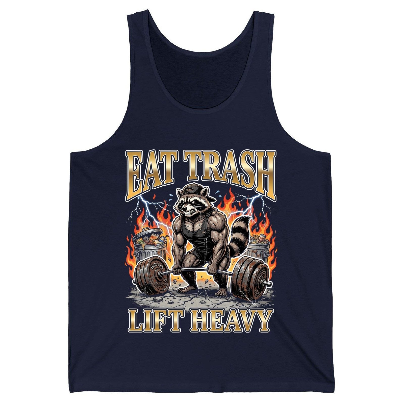 Eat Trash Lift Heavy weightlifting raccoon Tank Top Navy product mockup