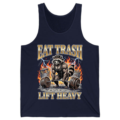 Eat Trash Lift Heavy weightlifting raccoon Tank Top Navy product mockup
