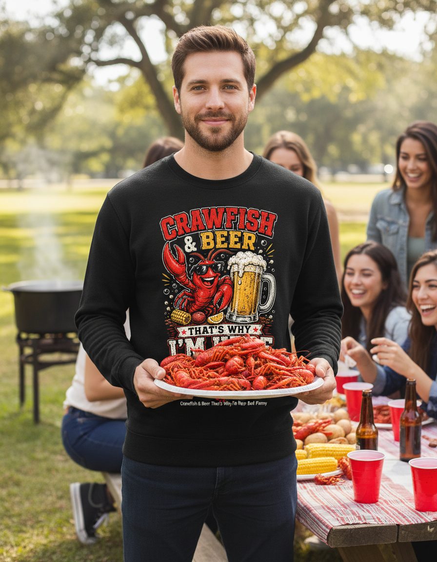 Crawfish & Beer That's Why I'm Here Funny Boil Sweatshirt - lifestyle model mockup - Black