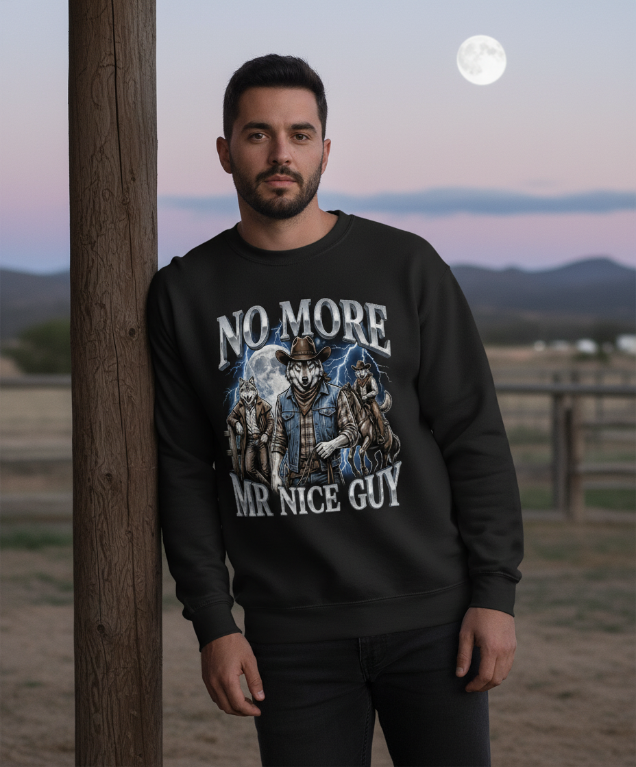 No More Mr Nice Guy Cowboy Wolf Sweatshirt - lifestyle model mockup - Black