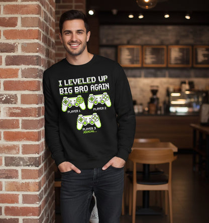 I Leveled UP BIG BRO AGAIN Retro Brother Announcement Sweatshirt - lifestyle model mockup - Black