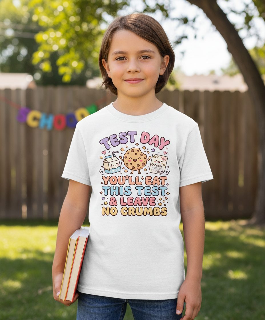 Test Day You'll Eat This Test & Leave No Crumbs Youth T-Shirt - lifestyle model mockup - White