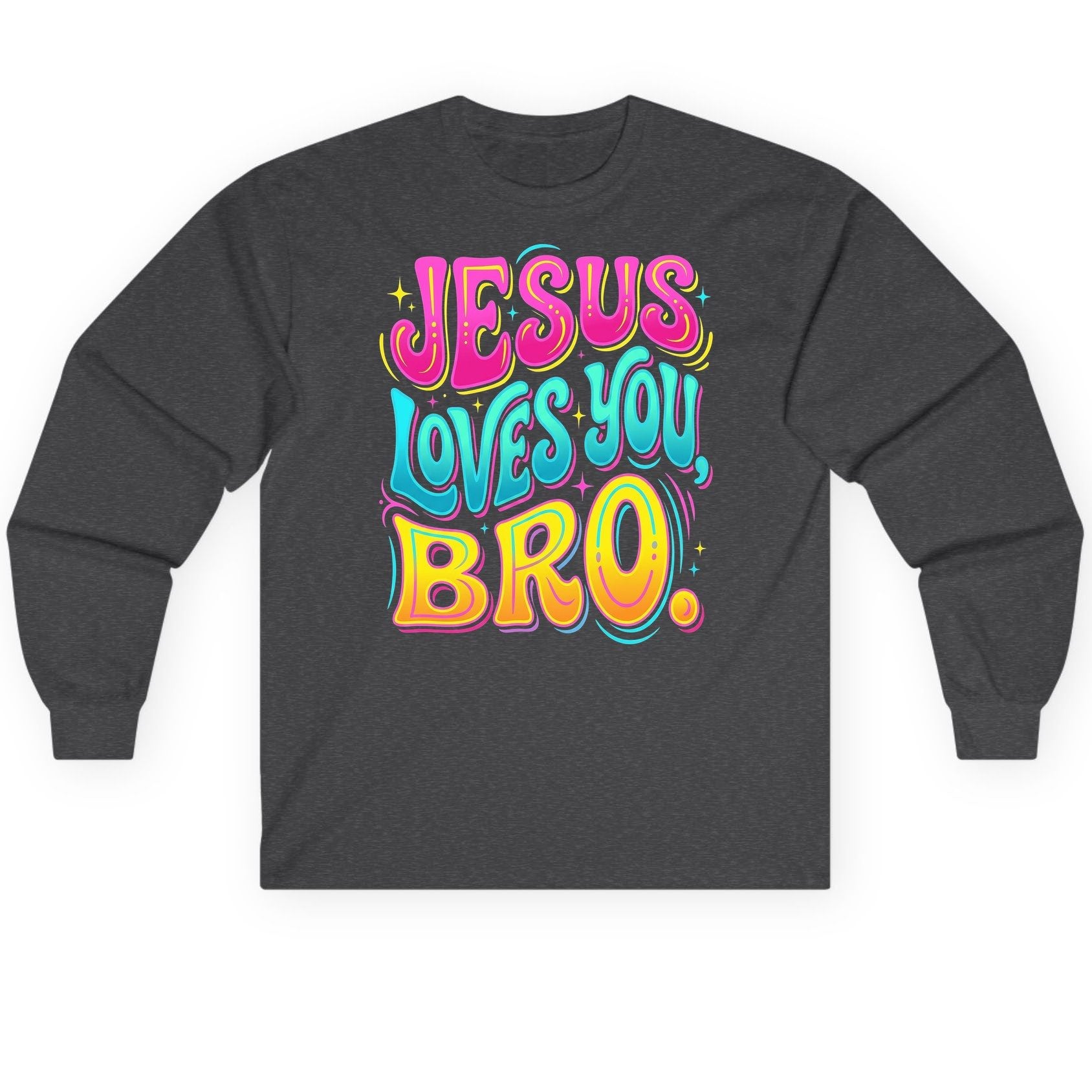 JESUS LOVES YOU BRO Retro Christian Long Sleeve Tee - product mockup - Dark Heather