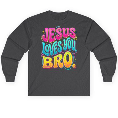 JESUS LOVES YOU BRO Retro Christian Long Sleeve Tee - product mockup - Dark Heather