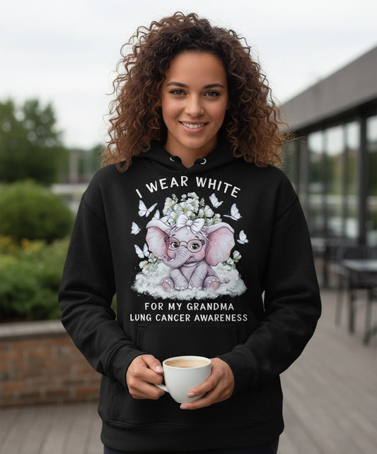 I Wear White for My Grandma Lung Cancer Awareness lung cancer awareness Hoodie Black lifestyle mockup