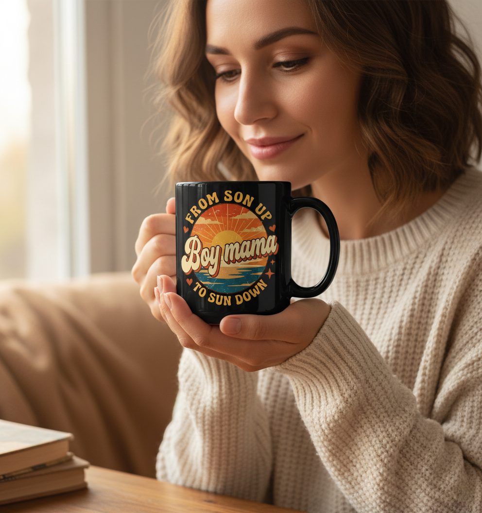 From Son Up to Sun Down Boy Mama Retro Mothers of Sons Black Mug - lifestyle model mockup - Black