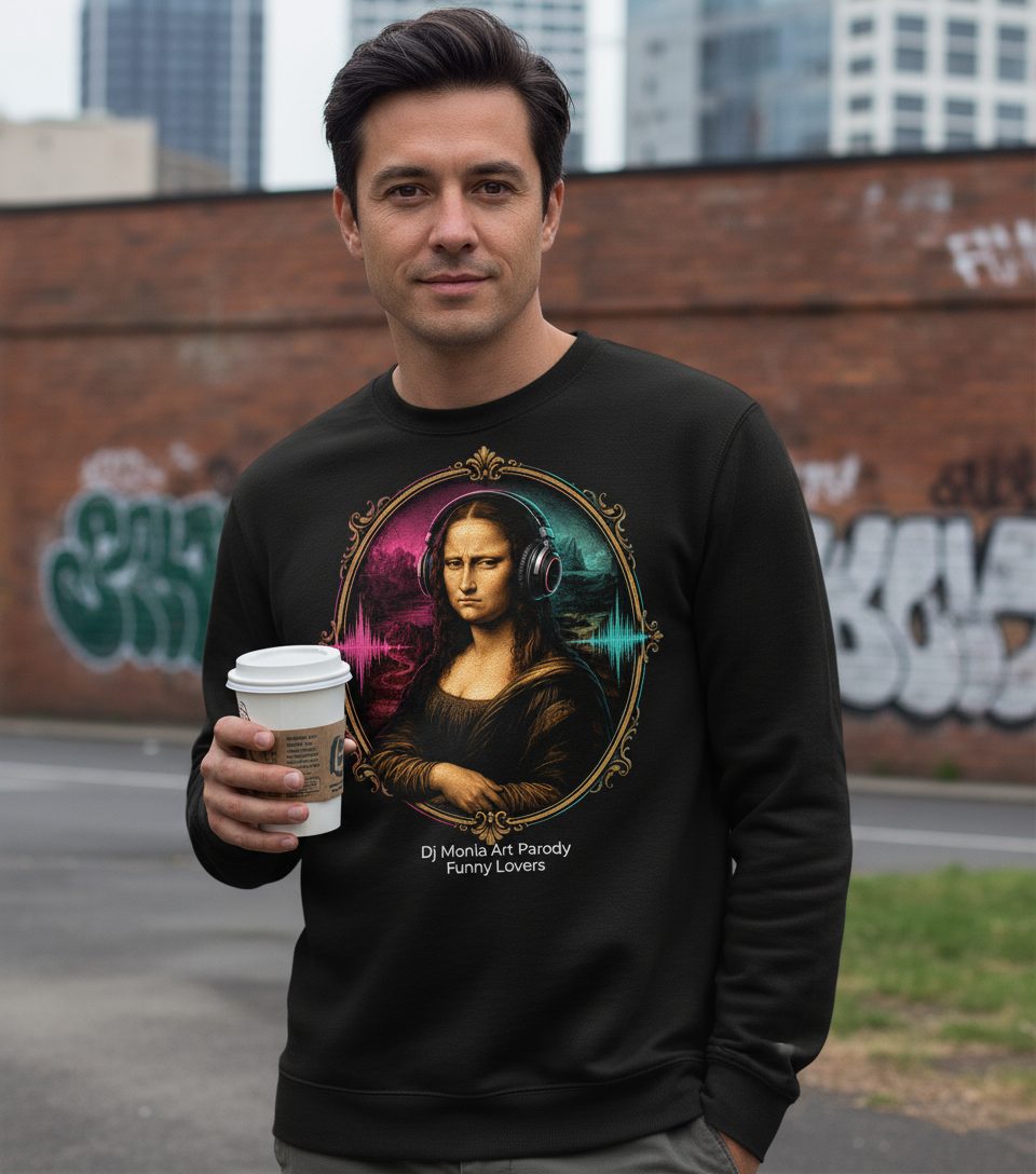 Dj Mona Lisa Art Parody Funny Lovers Sweatshirt - lifestyle model mockup - Black