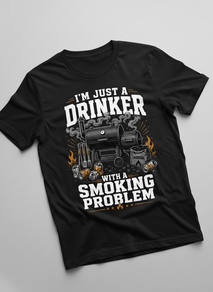 I'M JUST A DRINKER WITH A SMOKING PROBLEM Funny Drinker With A Smoking Problem BBQ T-Shirt - product mockup - Black