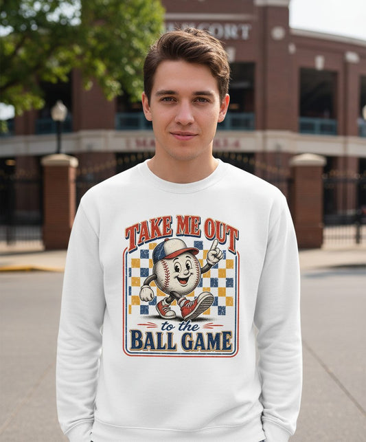Take Me Out to the Ball Game Retro Baseball Sweatshirt - lifestyle model mockup - White