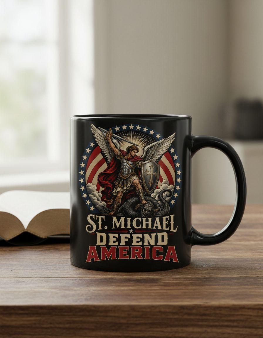 St Michael Defend America Patriotic Christian Black Mug - product mockup - Black