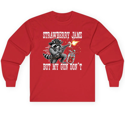 Strawberry Jams but My Gun Don't raccoon Long Sleeve Tee Red product mockup