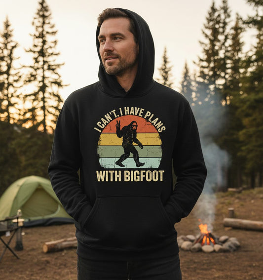 I Can't I Have Plans with Bigfoot bigfoot Hoodie Black lifestyle mockup