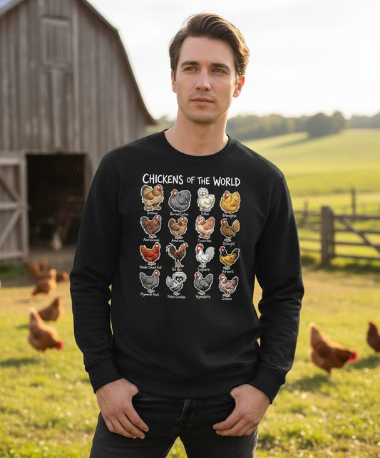 Chickens of the World chicken breeds Sweatshirt Black lifestyle mockup