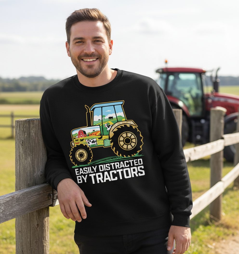 Easily Distracted by Tractors farming Sweatshirt Black lifestyle mockup