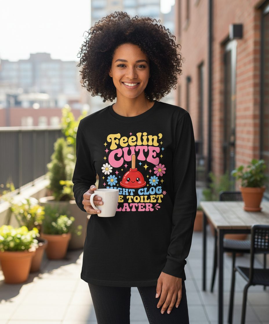 Feelin' Cute Might Clog the Toilet Later Funny Plunger Long Sleeve Tee - lifestyle model mockup - Black