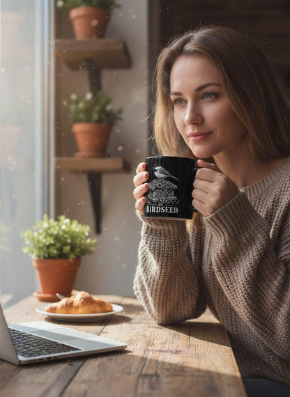 Bankrupted By Birdseed Funny Black Mug - lifestyle model mockup - Black
