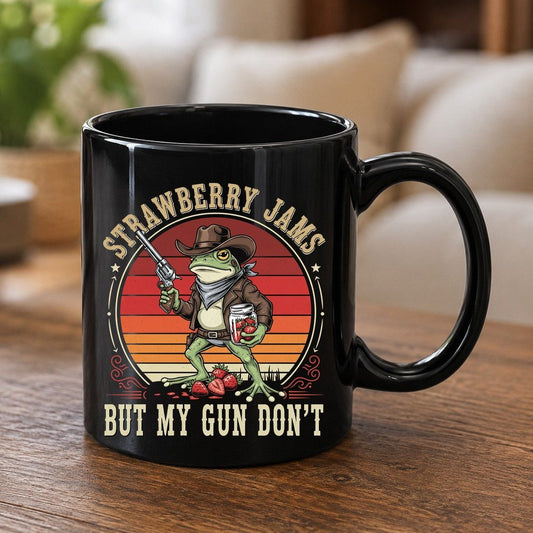 Strawberry Jams but My Gun Don't cowboy frog Black Mug Black product mockup