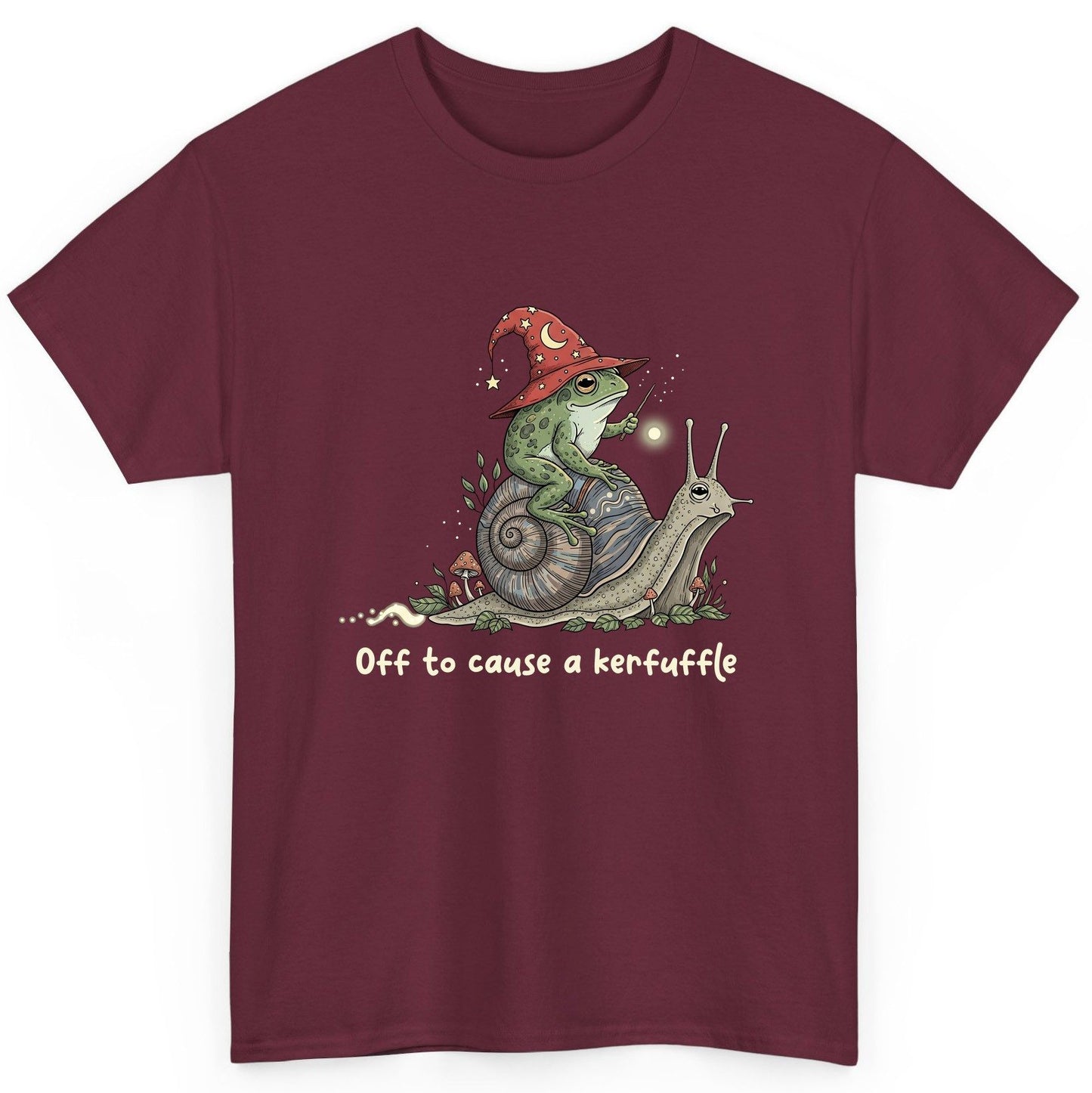 Off to Cause a Kerfuffle wizard frog T-Shirt Maroon product mockup
