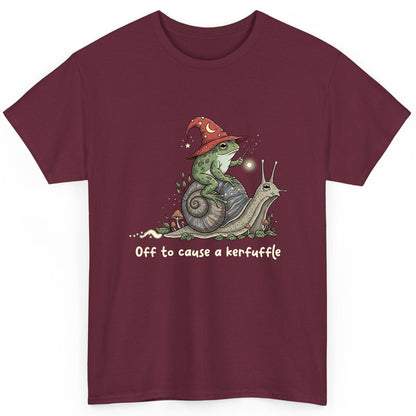 Off to Cause a Kerfuffle wizard frog T-Shirt Maroon product mockup