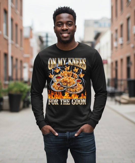 On My Knees for the Goon crab rangoon Long Sleeve Tee Black lifestyle mockup