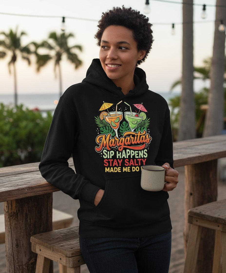 Margaritas Sip Happens Stay Salty Made Me Do It Hoodie - lifestyle model mockup - Black