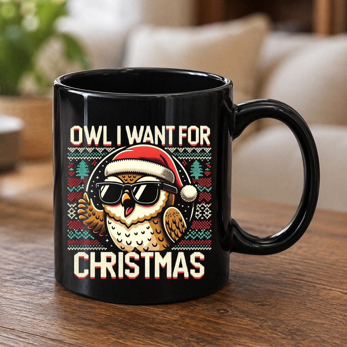 Owl I Want for Christmas Christmas owl Black Mug Black product mockup