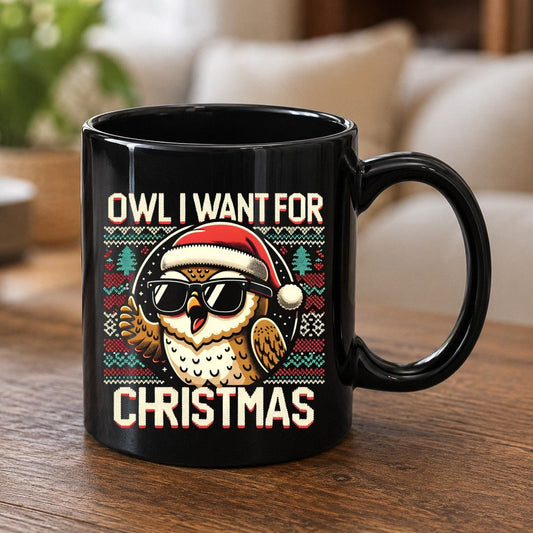 Owl I Want for Christmas Christmas owl Black Mug Black product mockup