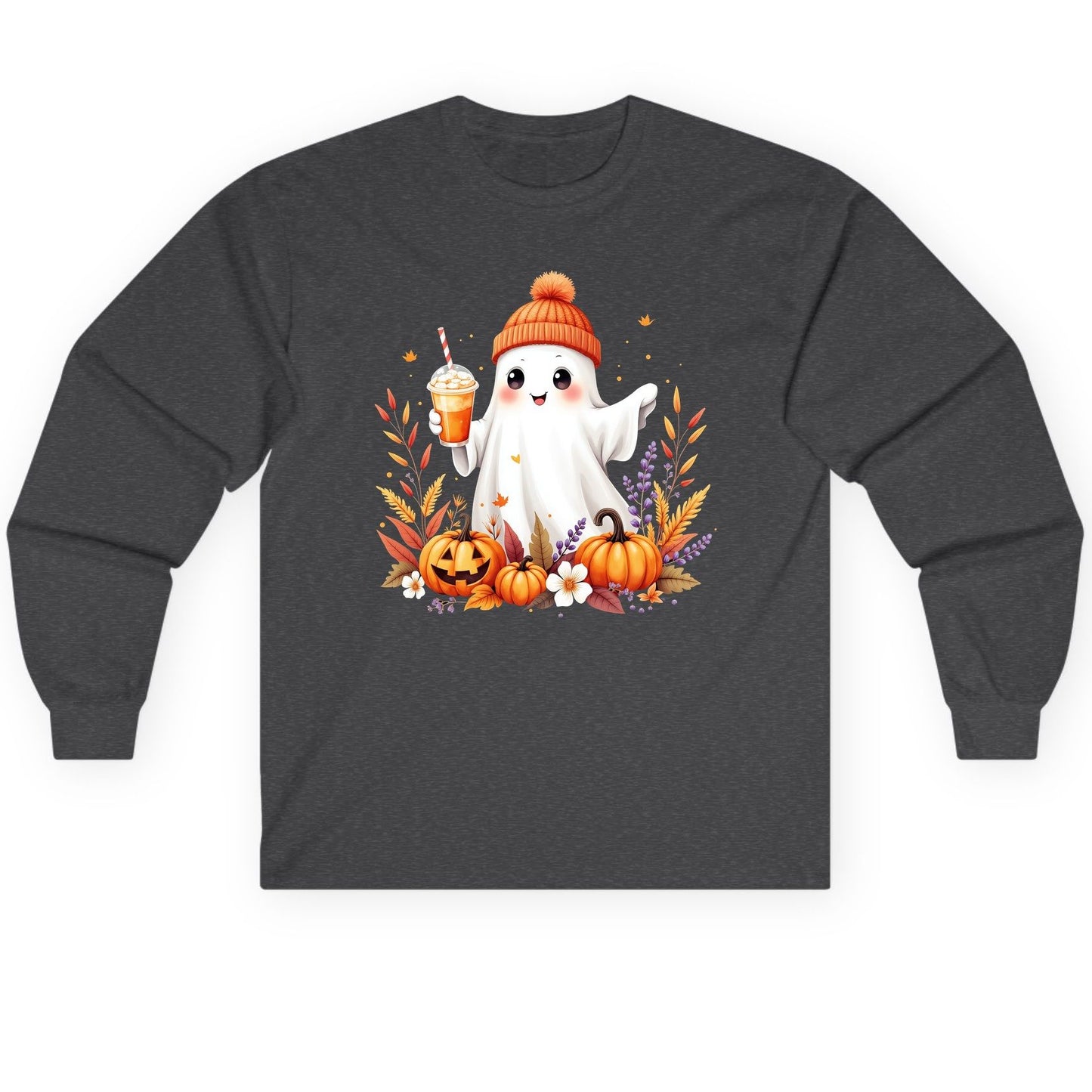Cute Ghost Pumpkin Spice Latte cute Halloween ghost Long Sleeve Tee Dark Heather product mockup