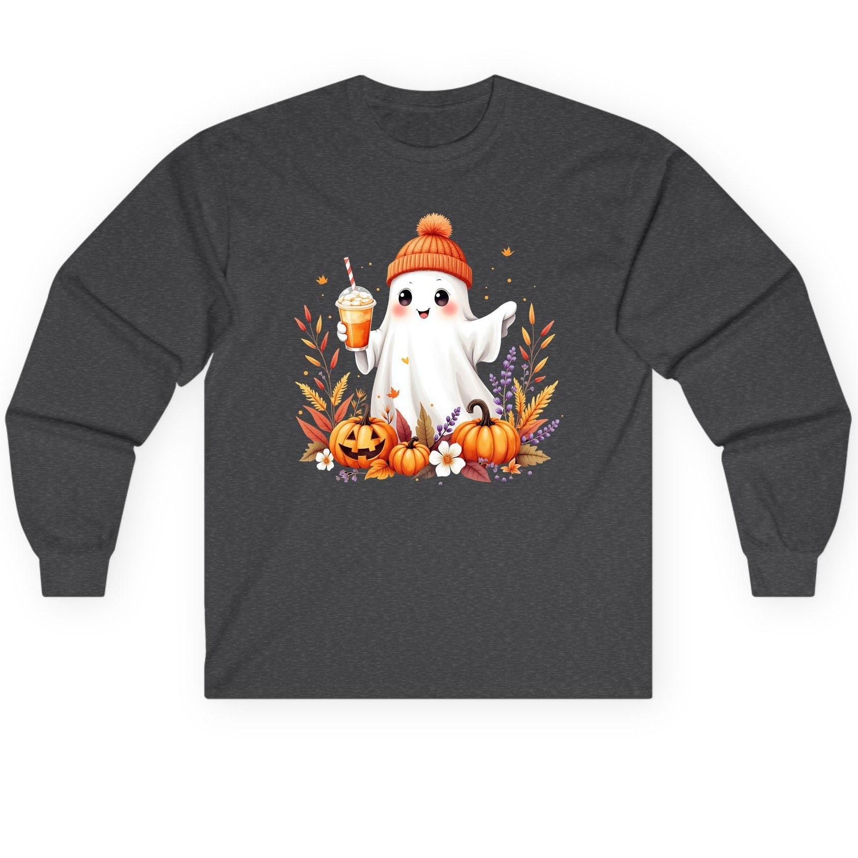 Cute Ghost Pumpkin Spice Latte cute Halloween ghost Long Sleeve Tee Dark Heather product mockup