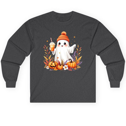 Cute Ghost Pumpkin Spice Latte cute Halloween ghost Long Sleeve Tee Dark Heather product mockup