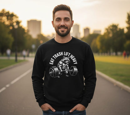 Eat Trash Lift Heavy raccoon Sweatshirt Black lifestyle mockup