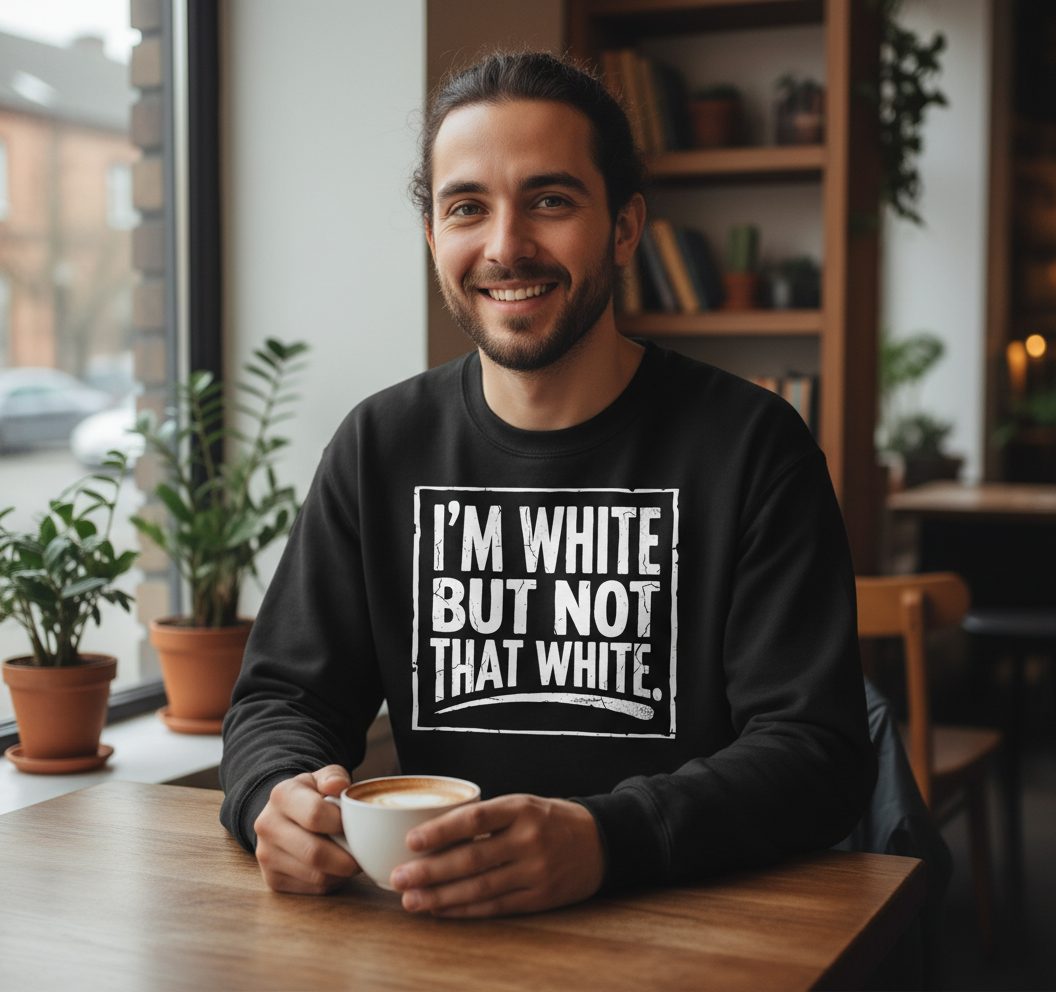 I'M WHITE BUT NOT THAT WHITE Funny Sarcastic Humor Sweatshirt - lifestyle model mockup - Black