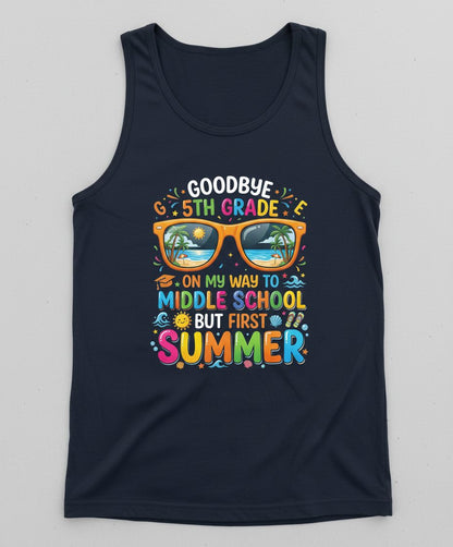 Goodbye 5th Grade on My Way to Middle School but First Summer Tank Top - product mockup - Navy