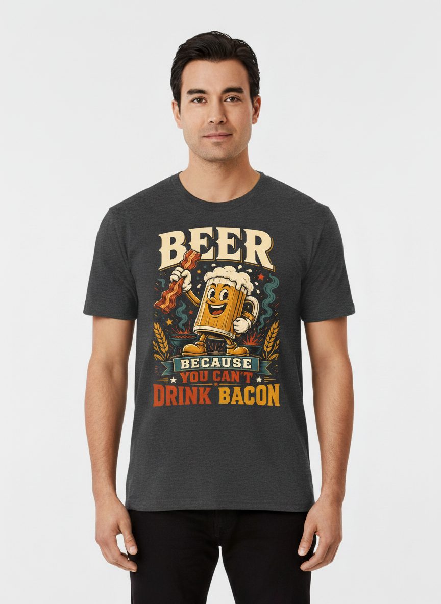 Cant Drink Bacon Beer Funny And T-Shirt - product mockup - Dark Heather