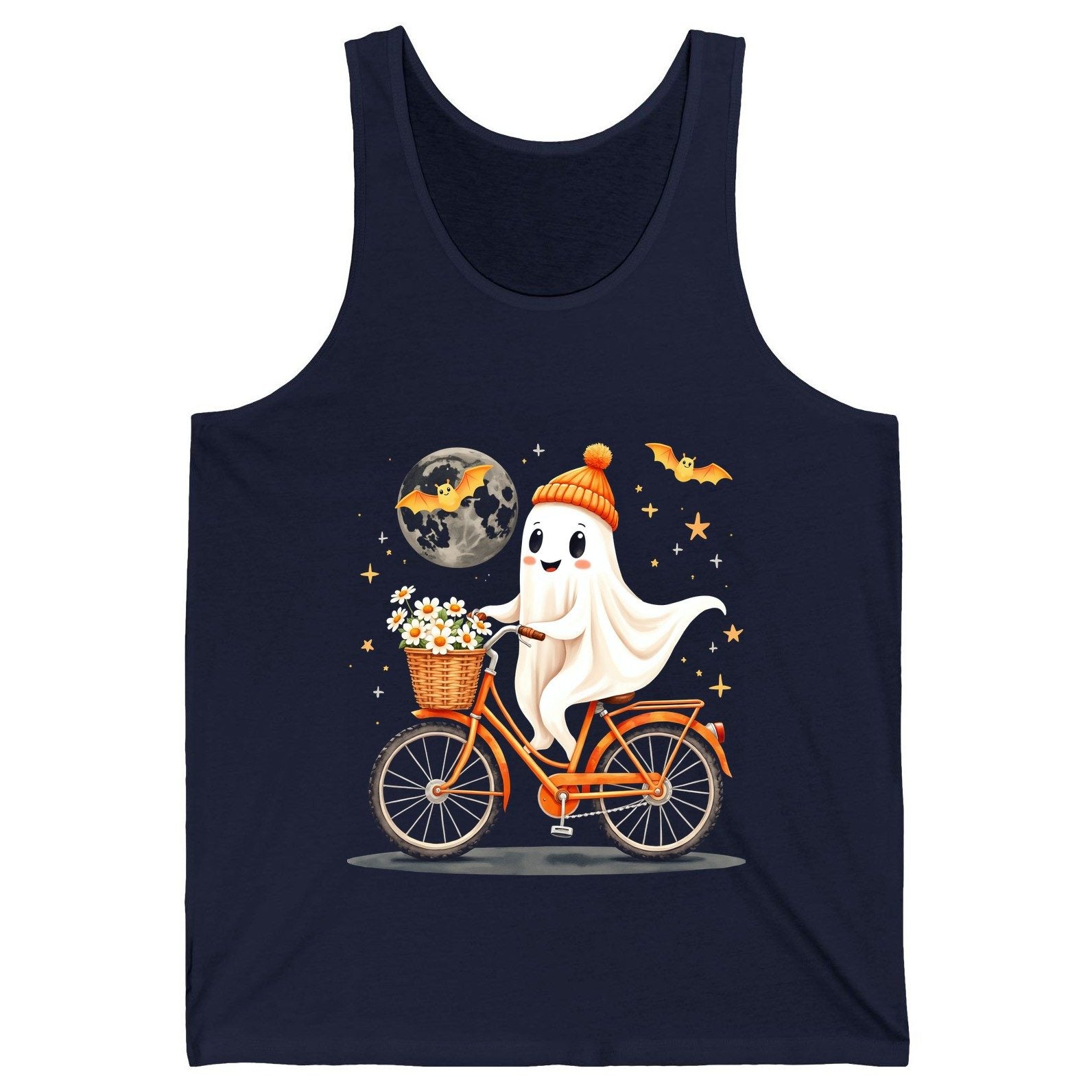 Cute Ghost on Bicycle cute ghost Tank Top Navy product mockup
