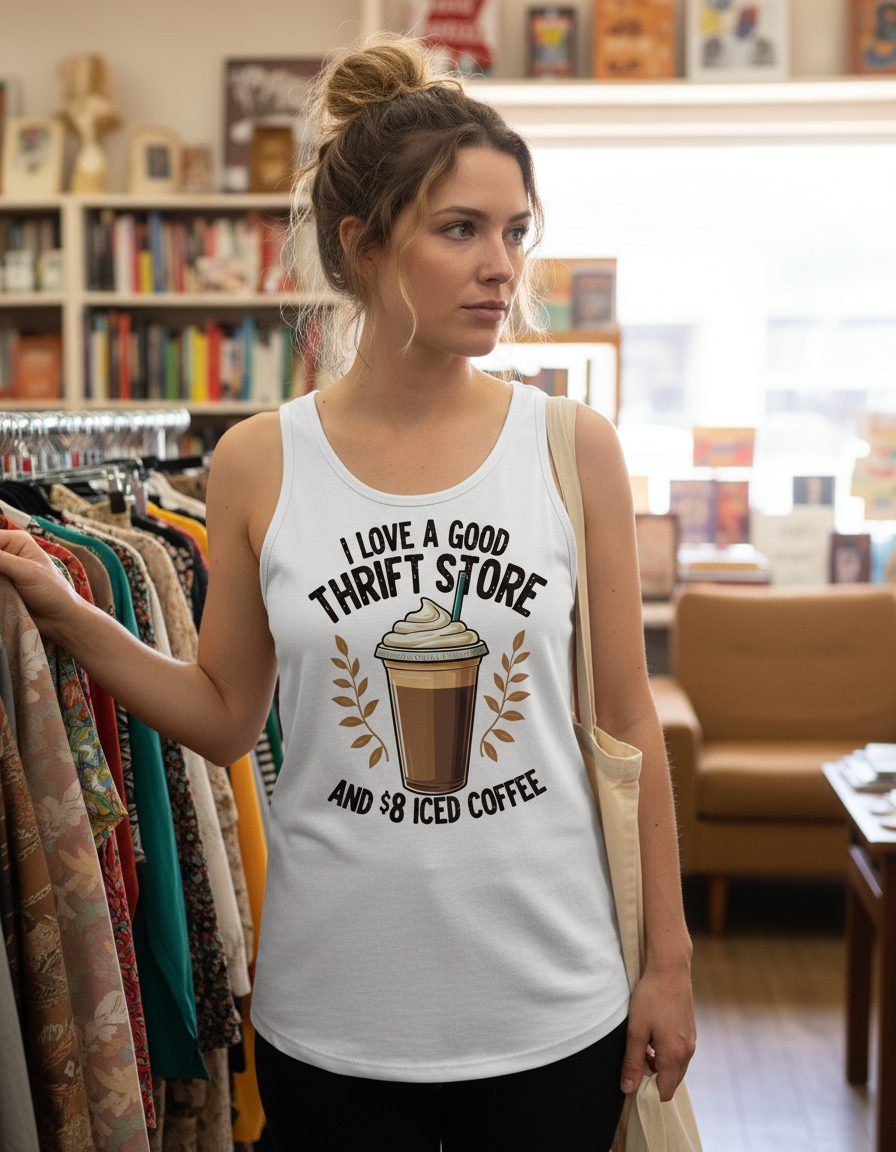 I Love a Good Thrift Store and 8 Iced Coffee coffee and thrifting Tank Top White lifestyle mockup