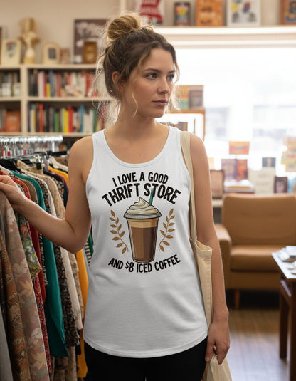I Love a Good Thrift Store and 8 Iced Coffee coffee and thrifting Tank Top White lifestyle mockup