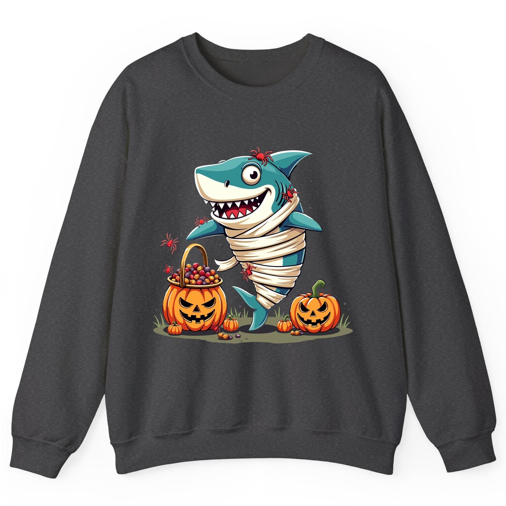 Mummy Shark Halloween shark Sweatshirt Dark Heather product mockup
