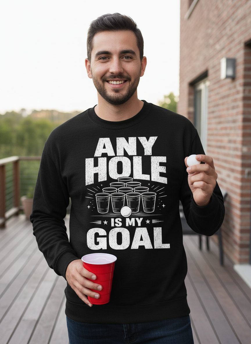 Any Hole Is My Goal Funny Beer Pong Sweatshirt - lifestyle model mockup - Black