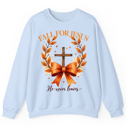 Fall for Jesus He Never Leaves christian faith Sweatshirt Light Blue product mockup