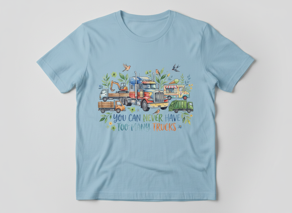 You Can Never Have Too Many Trucks Watercolor Design T-Shirt - Light Blue