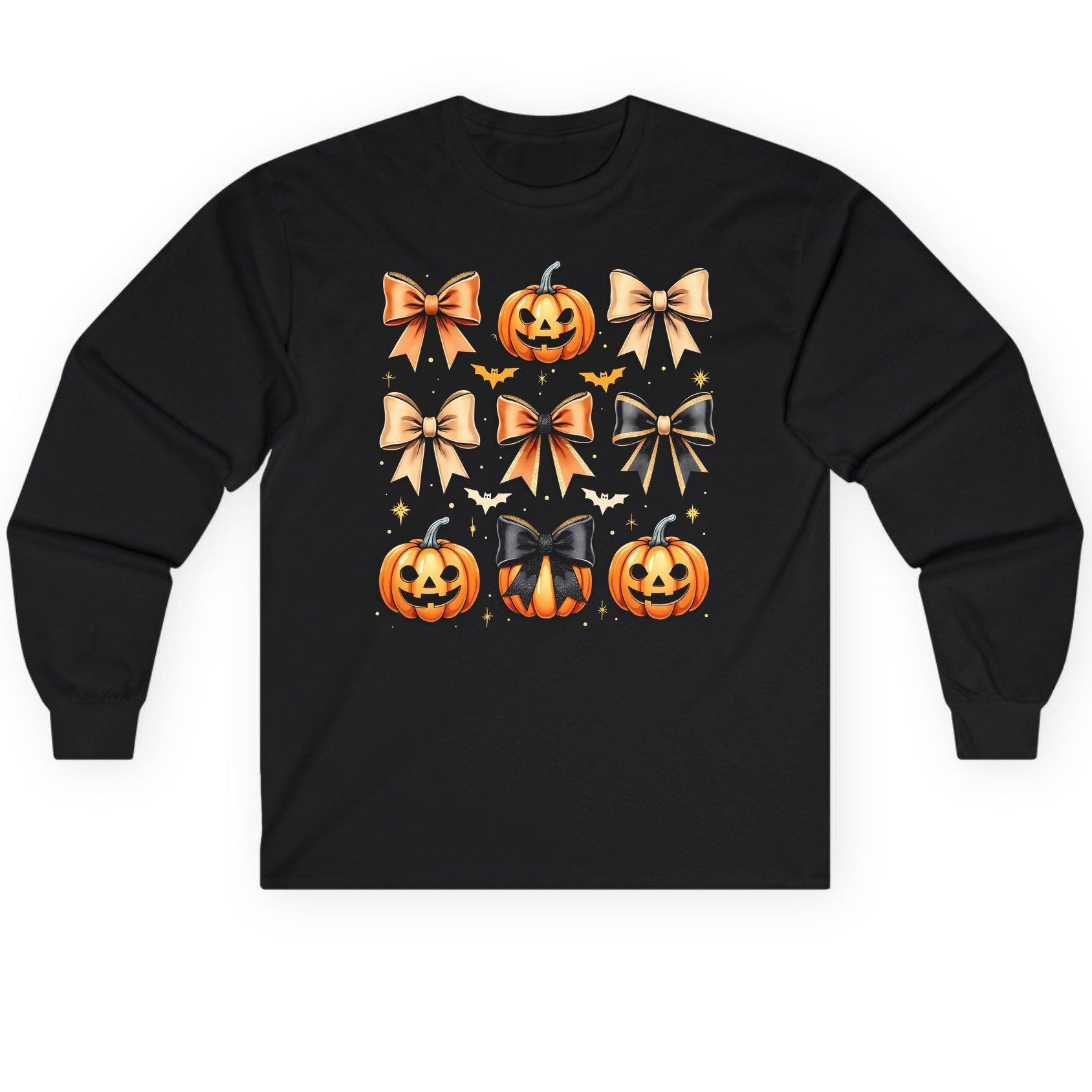 Cute Halloween Pumpkins and Bows Halloween Long Sleeve Tee Black product mockup