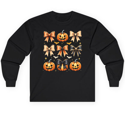 Cute Halloween Pumpkins and Bows Halloween Long Sleeve Tee Black product mockup