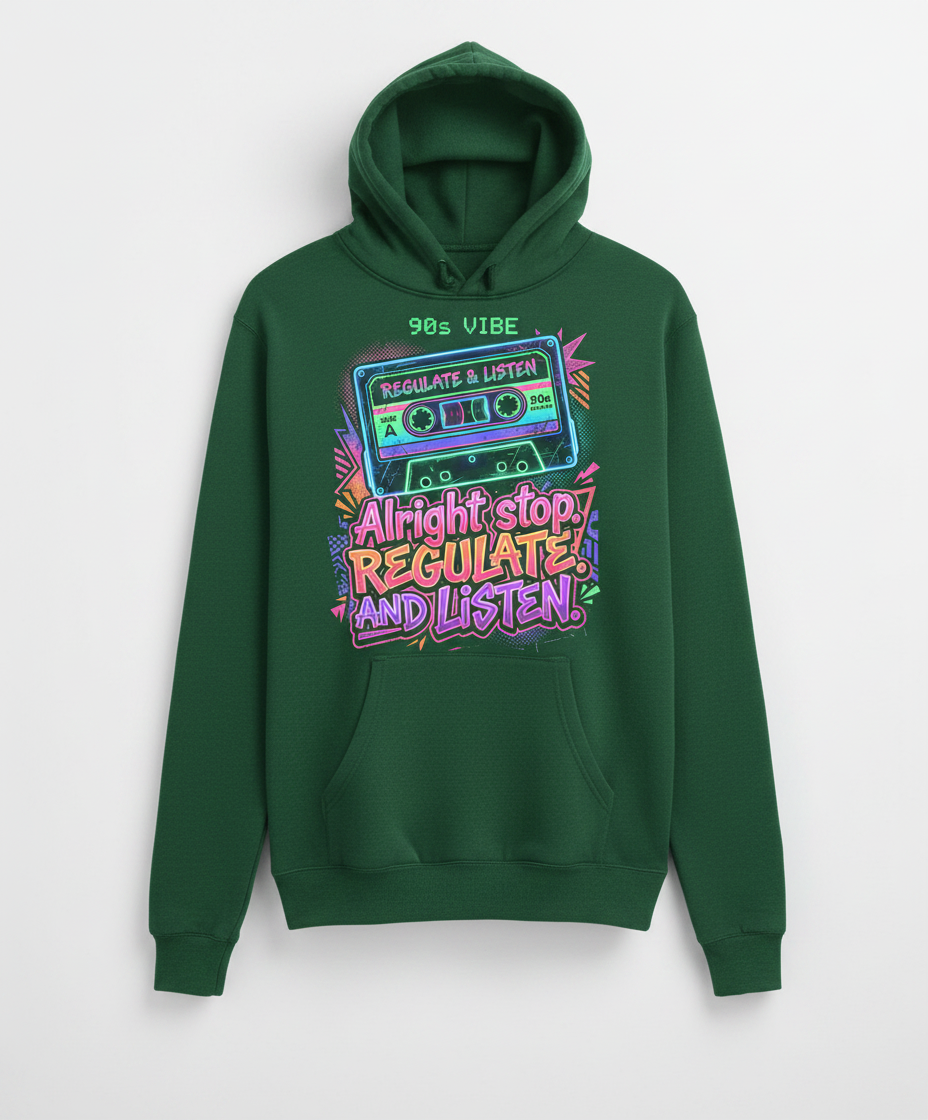 90s Vibe Cassette Tape Regulate and Listen Retro Design Hoodie - Forest Green