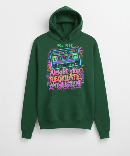 90s Vibe Cassette Tape Regulate and Listen Retro Design Hoodie - Forest Green