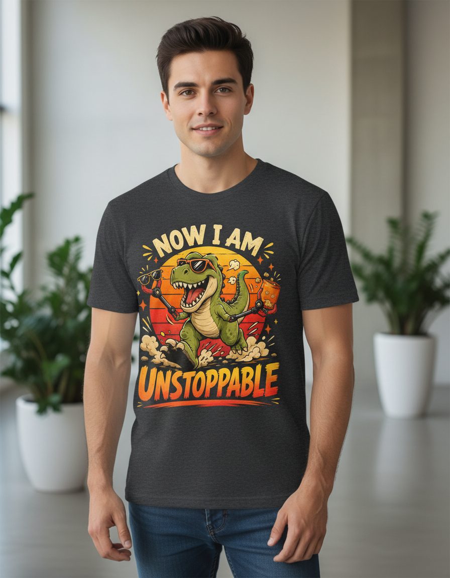 Now I Am Unstoppable Funny T-Rex Dinosaur T-Shirt - product mockup - Dark Heather