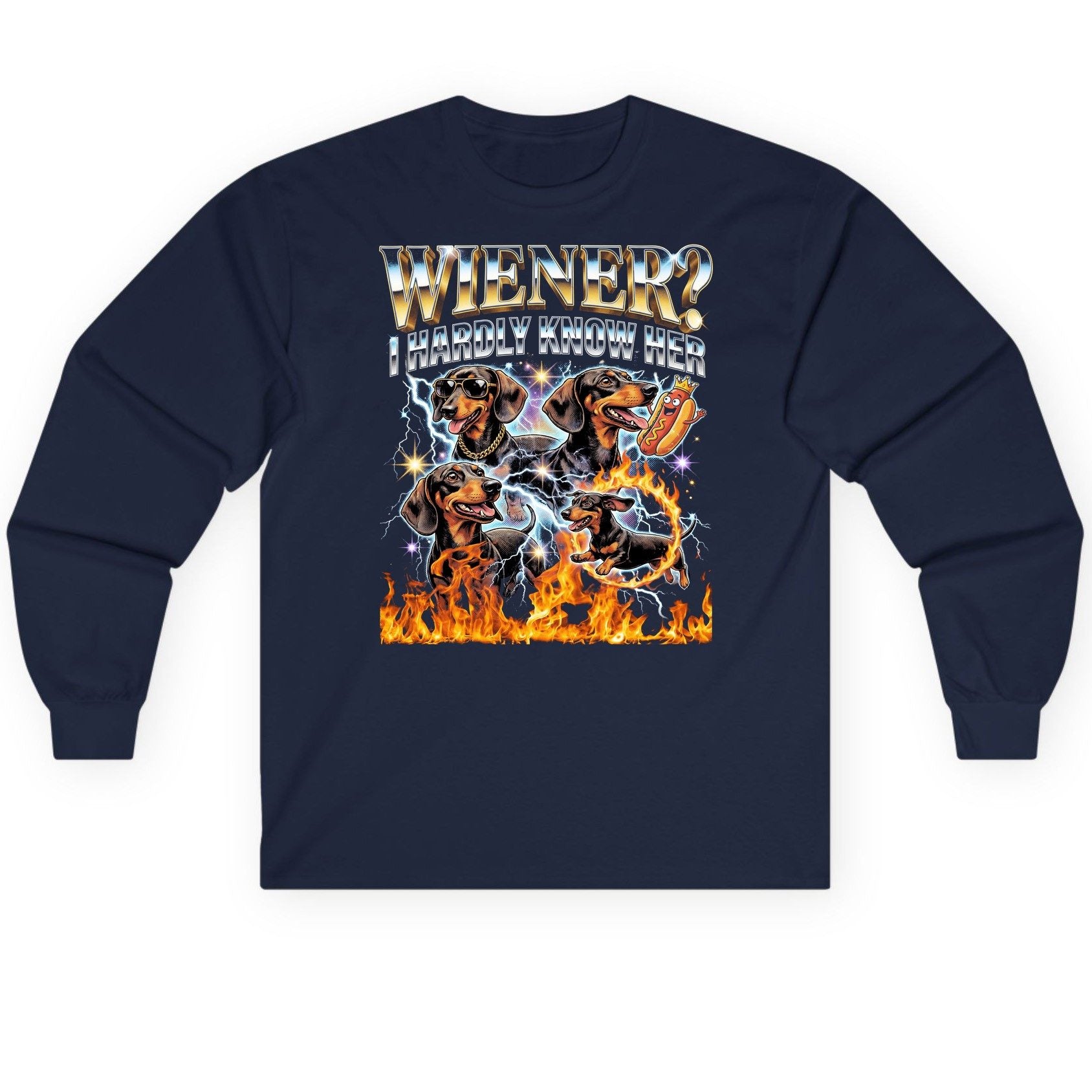 Wiener I Hardly Know Her dachshund Long Sleeve Tee Navy product mockup