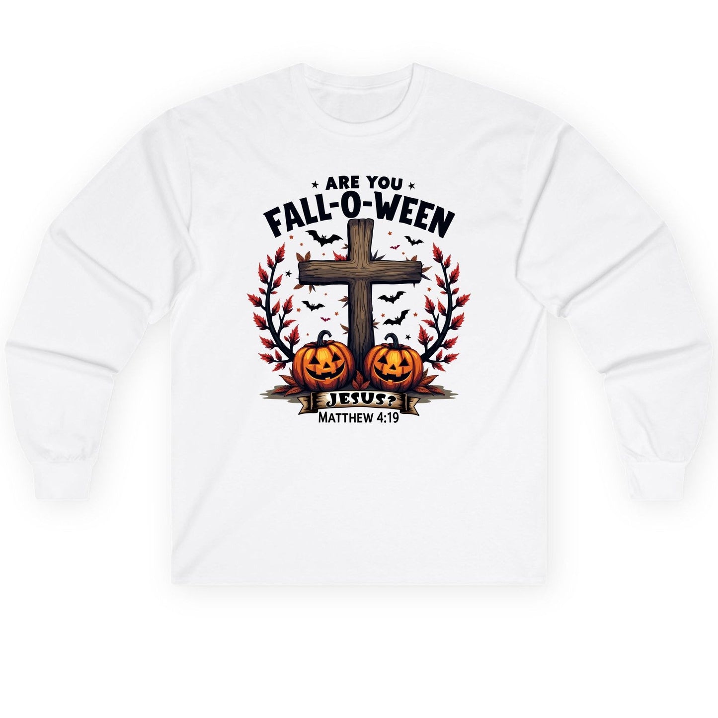 Are You Fall-O-Ween Jesus? christian Halloween Long Sleeve Tee White product mockup